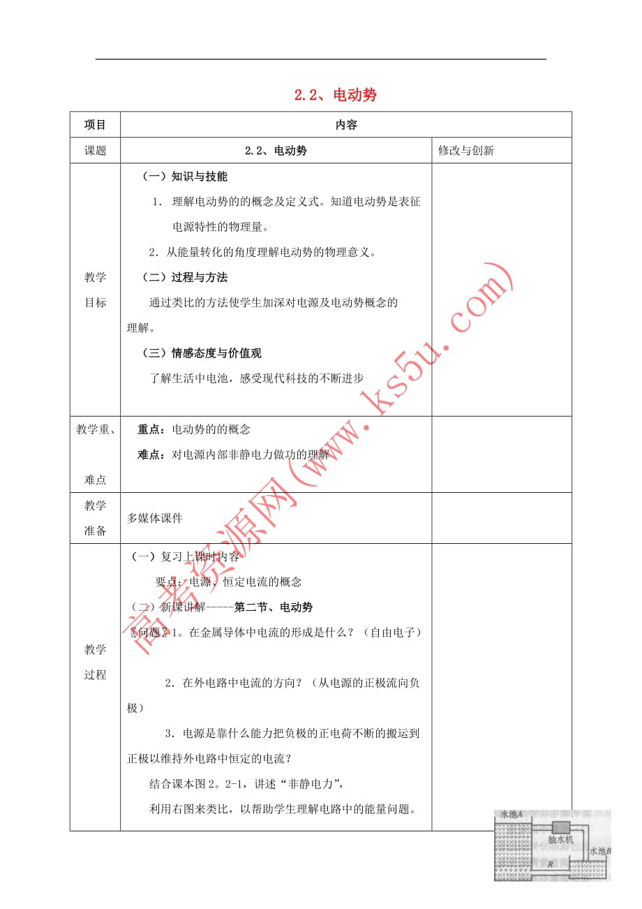 安徽省长丰县高中物理 第二章 恒定电流 2.2 电动势教案 新人教版选修3-1_第1页