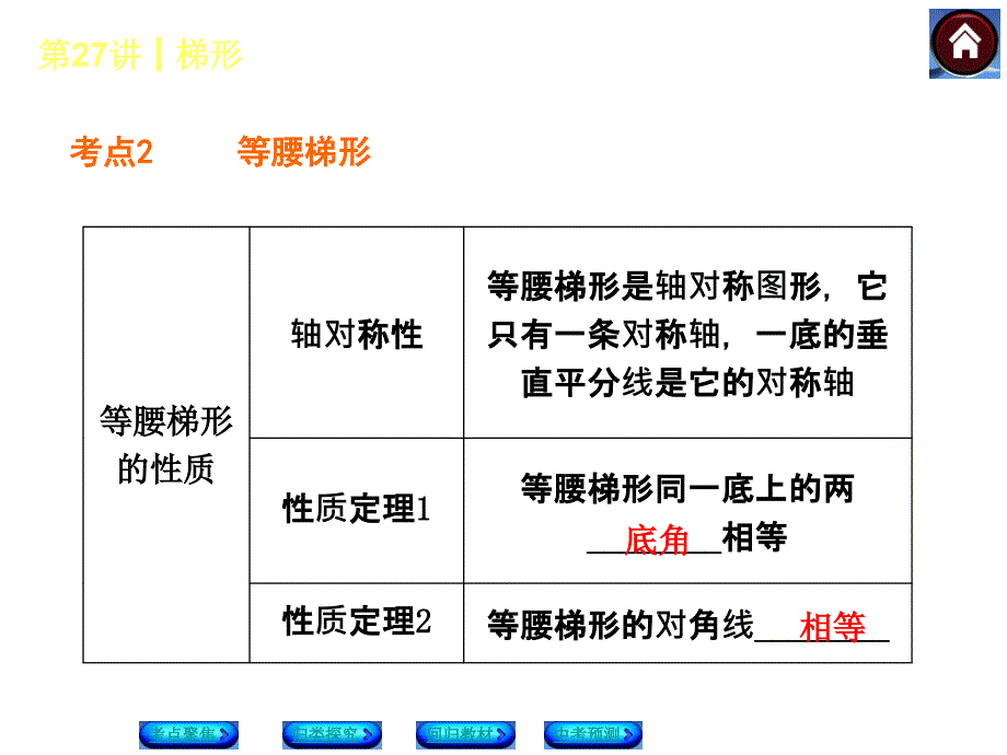 北师大2014年中考数学复习方案课件(考点聚焦+归类探究+回归教材+中考预测)：梯形(26张PPT)讲解_第3页