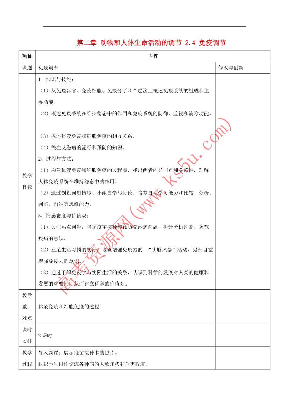 安徽省潜山县高中生物 第二章 动物和人体生命活动的调节 2.4 免疫调节教案 新人教必修3_第1页