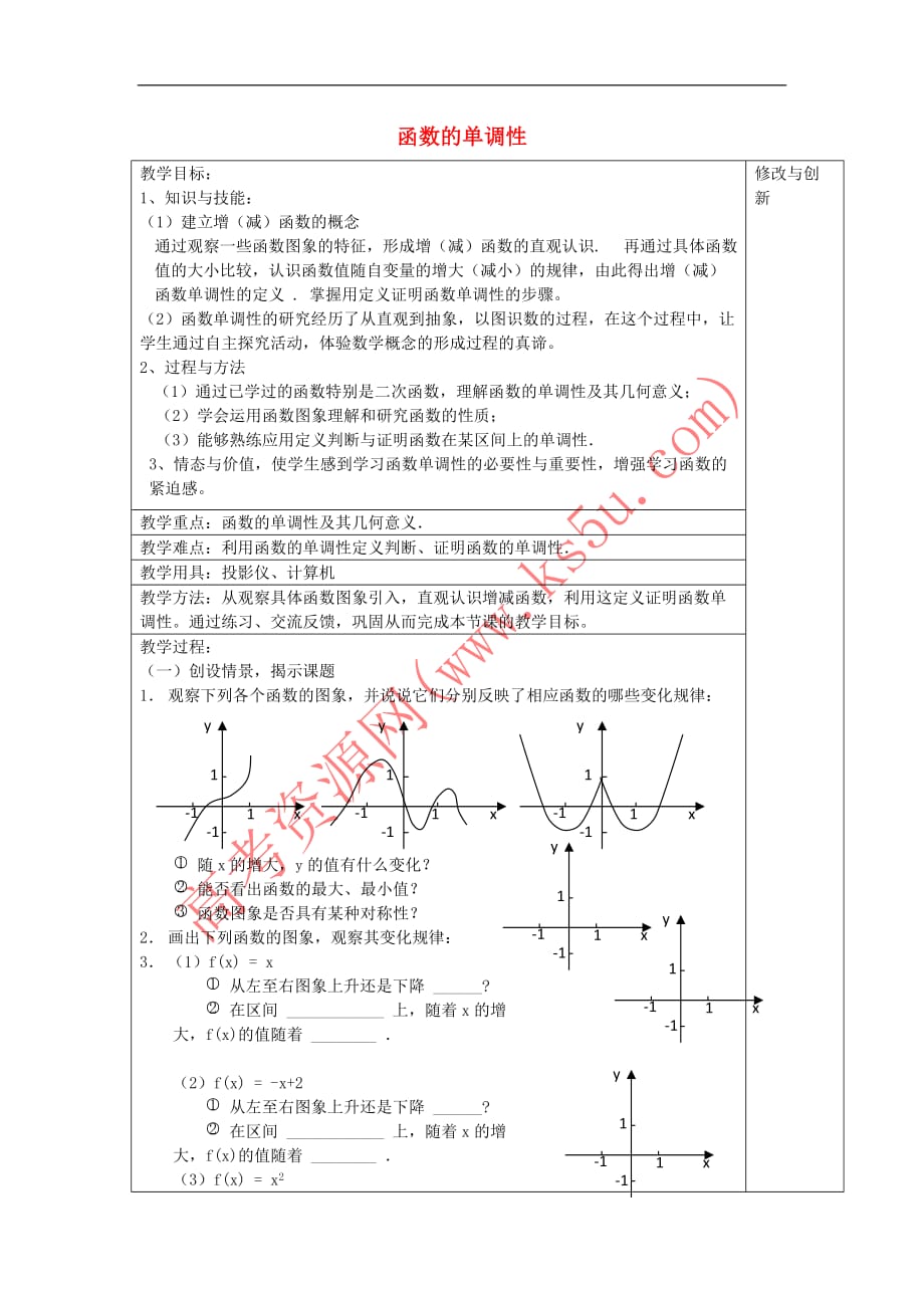 安徽省合肥市高中数学 第一章 集合与函数概念 1.3.1 函数的单调性教案 新人教A版必修1_第1页