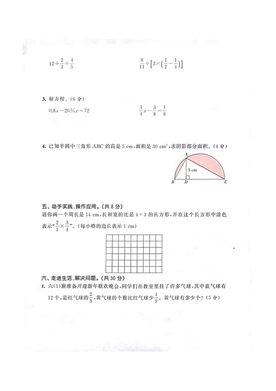 六年级上册数学试题-期末测试(基础卷）_2019-2020学年（人教新课标无答案）_第3页