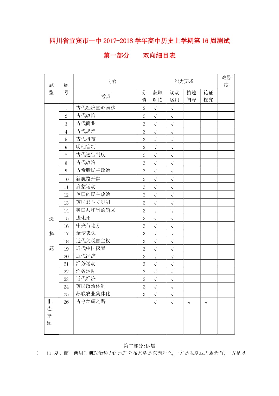 四川省宜宾市一中2017－2018学年高中历史上学期第16周测试_第1页