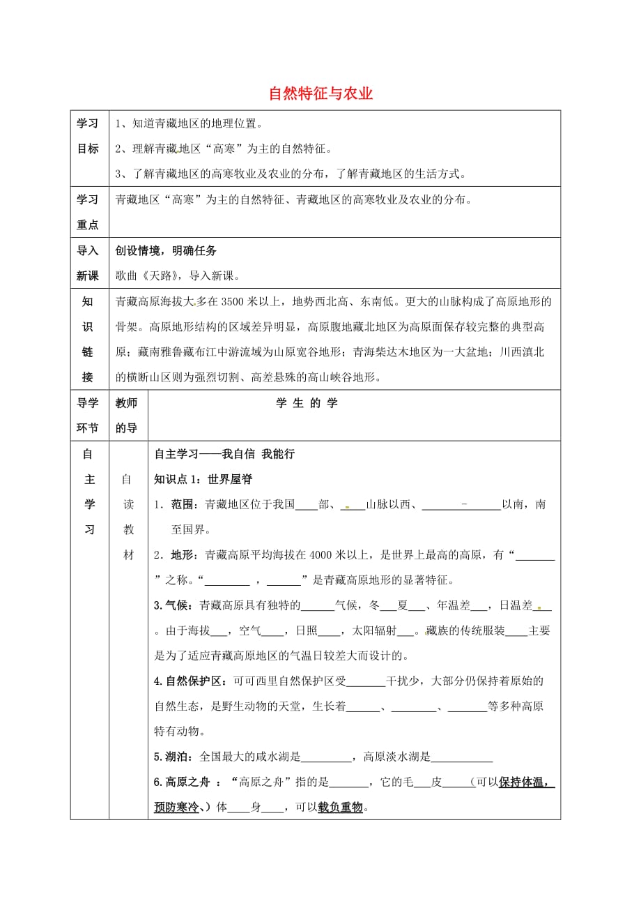 宁夏中卫市八年级地理下册 8.1 自然特征与农业学案（无答案）（新版）新人教版_第1页