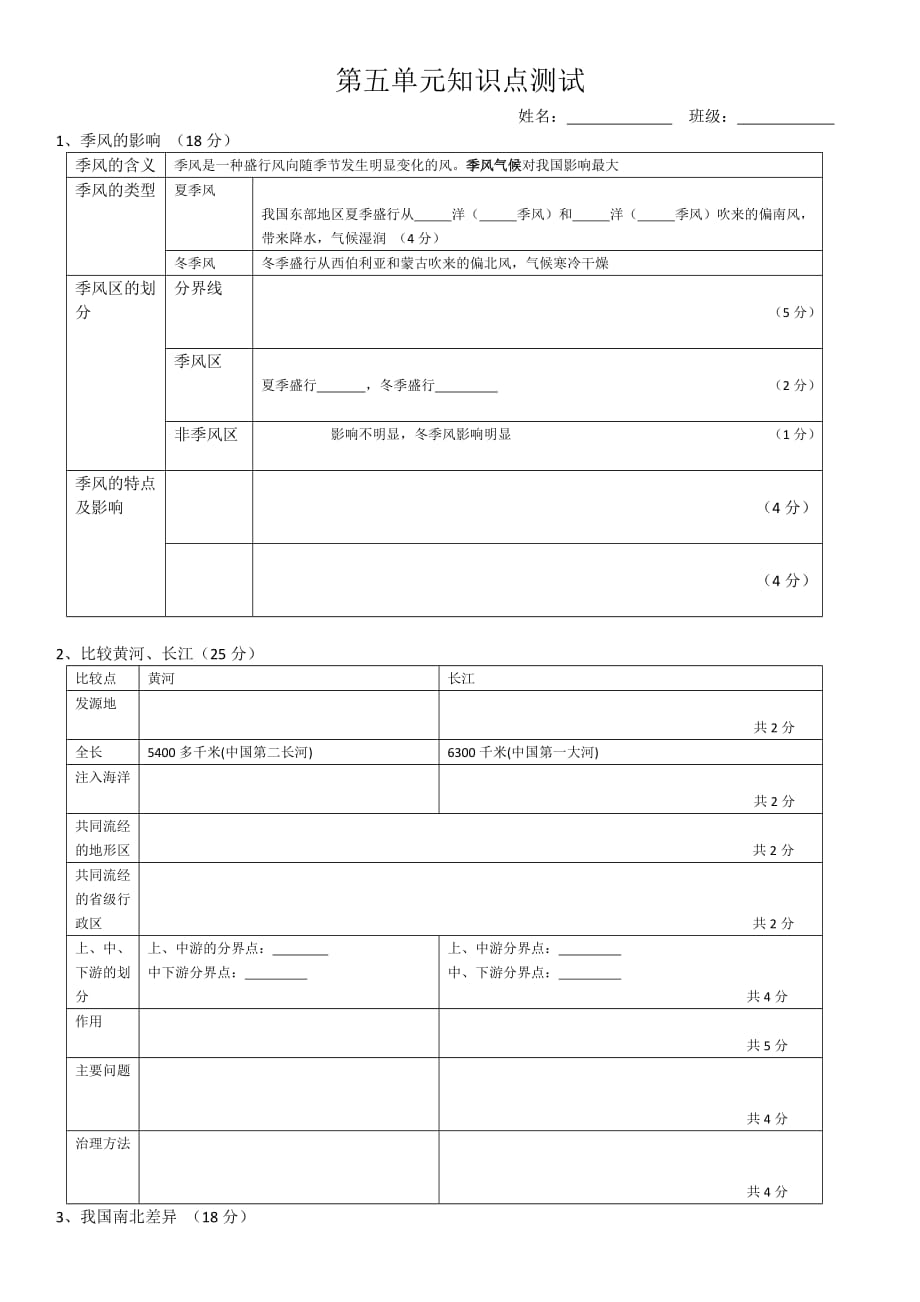 七年级下册历史与社会第五单元测试_第1页