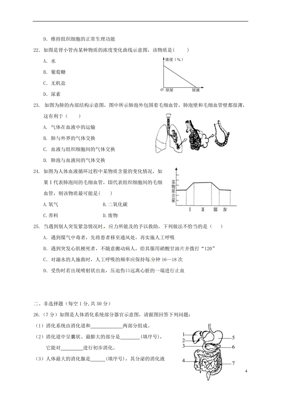 山东省济南市历城区2017－2018学年七年级生物下学期期中试题 新人教版_第4页