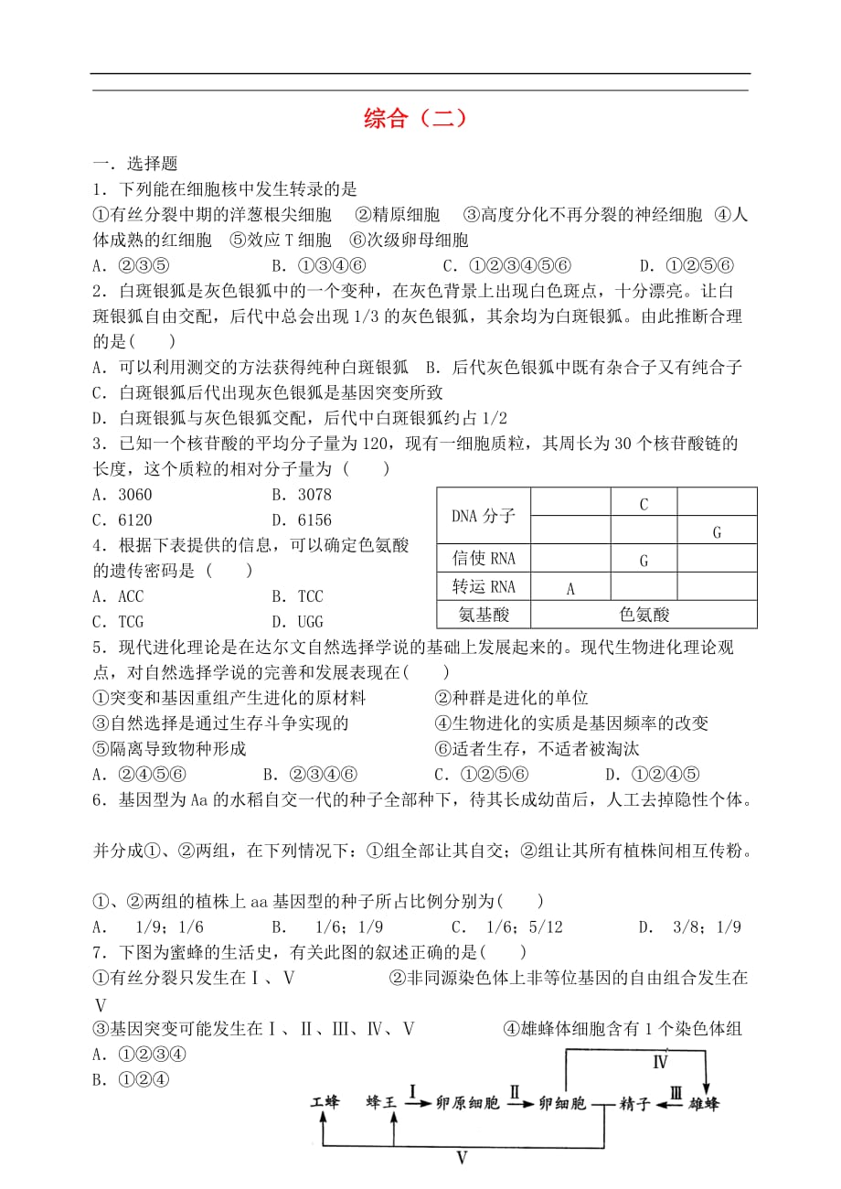 山西省忻州市2016届高考生物一轮复习 综合同步检测（二）（必修2）_第1页