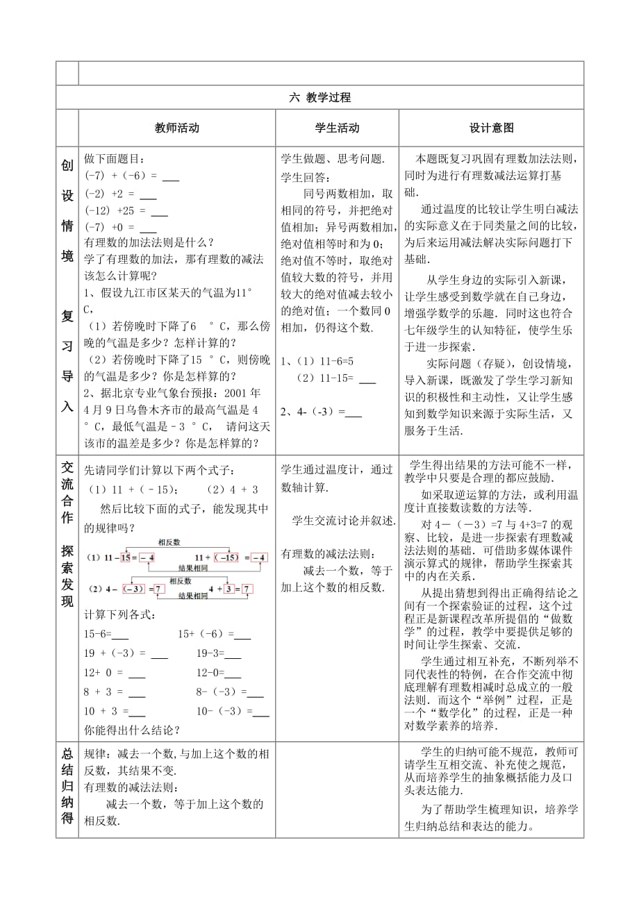 数学北师大版初一上册2.5有理数的减法.5有理数的减法教学设计_第2页