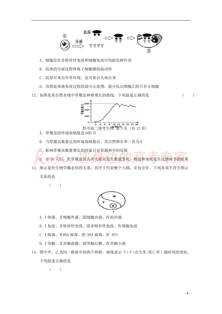 安徽省六安市2016－2017学年高二生物下学期第二次统考试题（无答案）_第4页