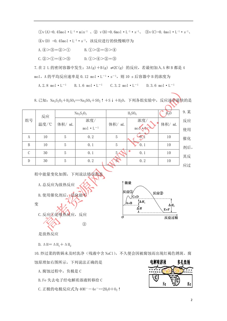 山东省2018－2019学年高二化学上学期期中试题_第2页