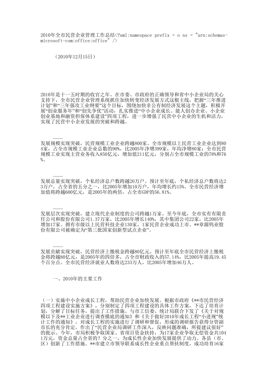 2010年全市民营企业管理工作 总结.docx_第1页