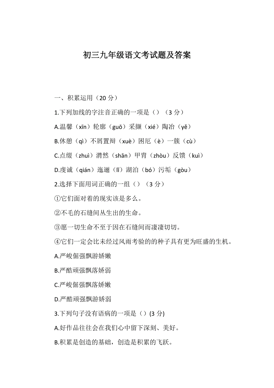 初三九年级语文考试题及答案_第1页