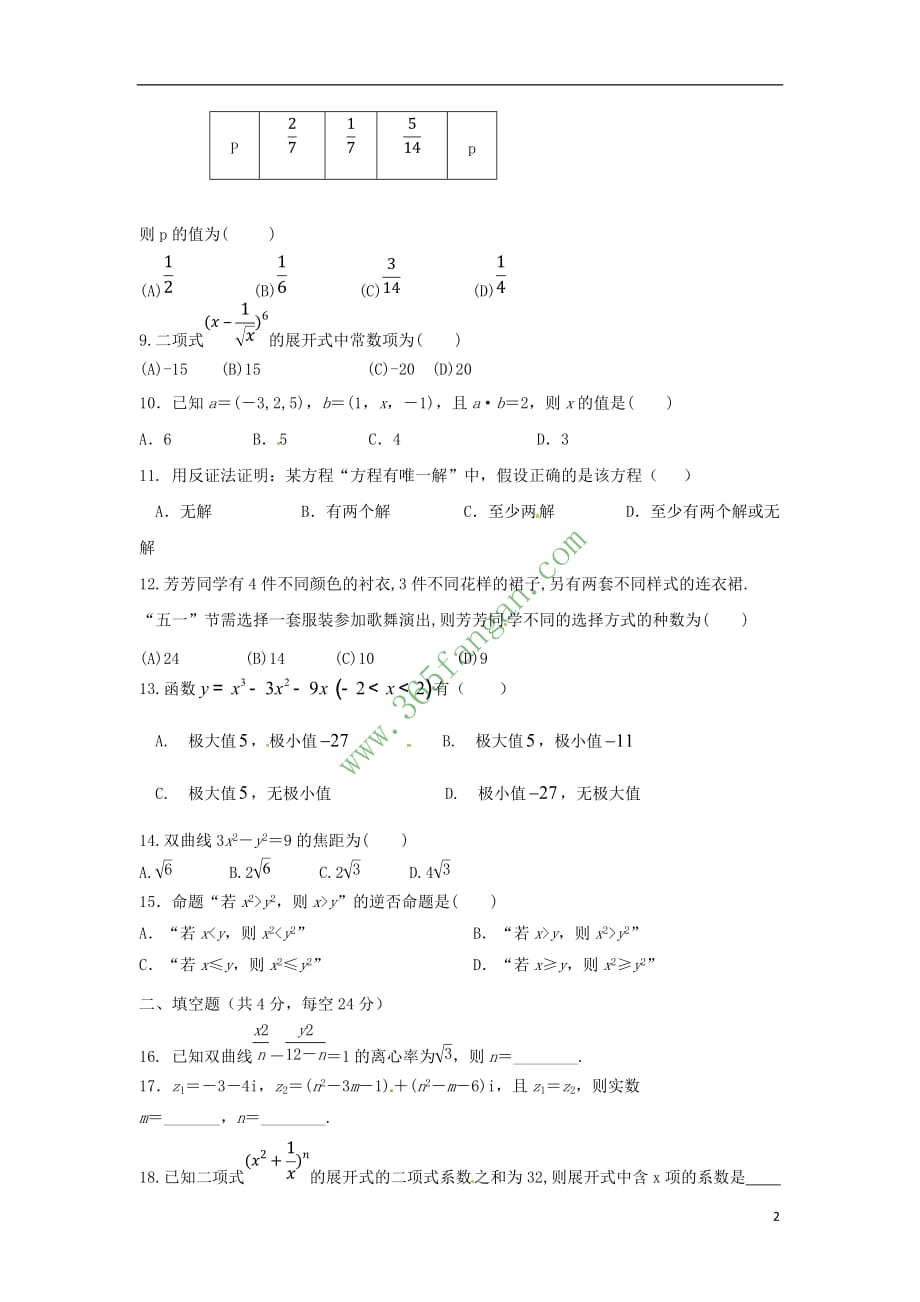 山东省济南市历城区2016－2017学年高二数学下学期期末考试试题 理_第2页