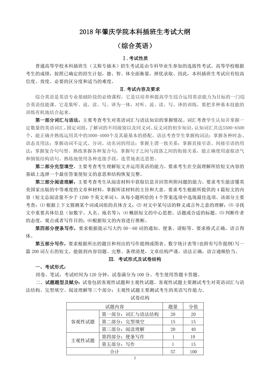 2018年肇庆学院本科插班生考试大纲综合英语_第1页