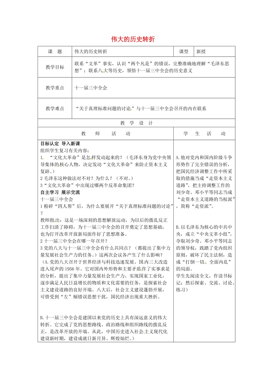 山东省郯城县红花镇八年级历史下册第7课伟大的历史转折教案 新人教版_第1页