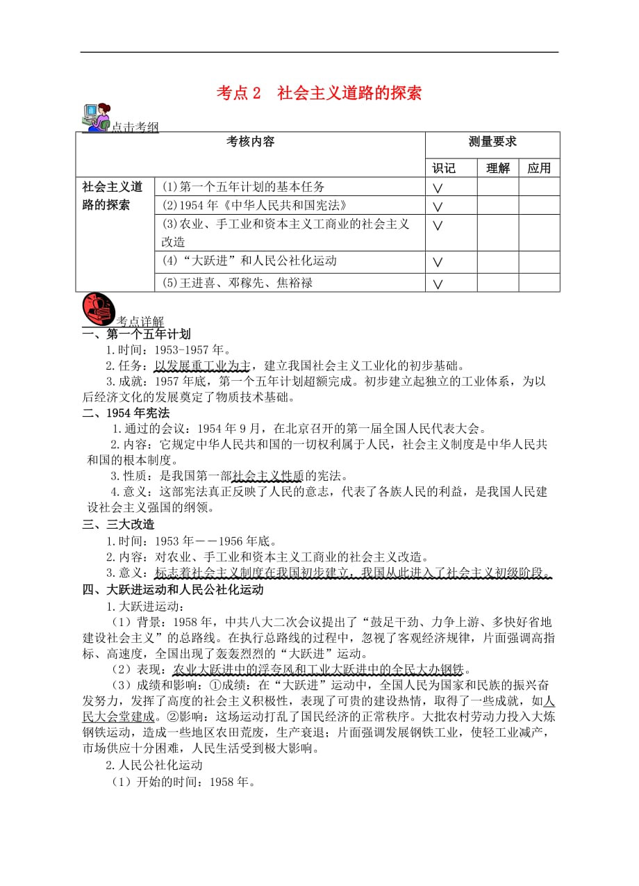 山西省2018届中考历史考点复习中国现代史考点2 社会主义道路的探索试题_第1页