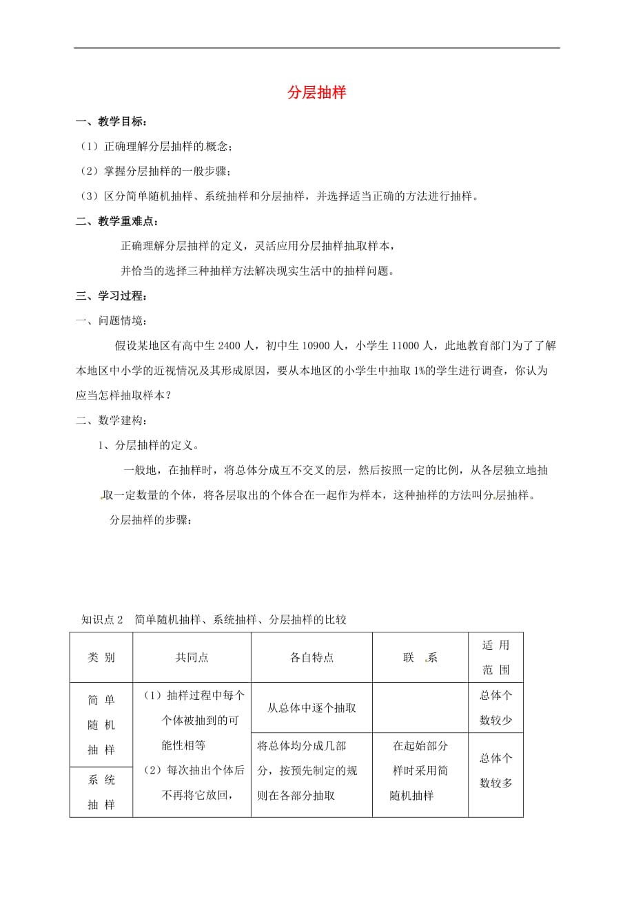 江苏省徐州市高中数学 第二章 统计 2.1.3 分层抽样学案（无答案）苏教版必修3_第1页