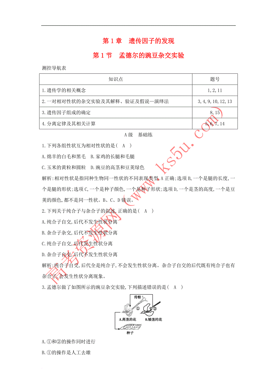 江苏省启东市高中生物孟德尔的豌豆杂交实验一课时训练 新人教版必修2_第1页