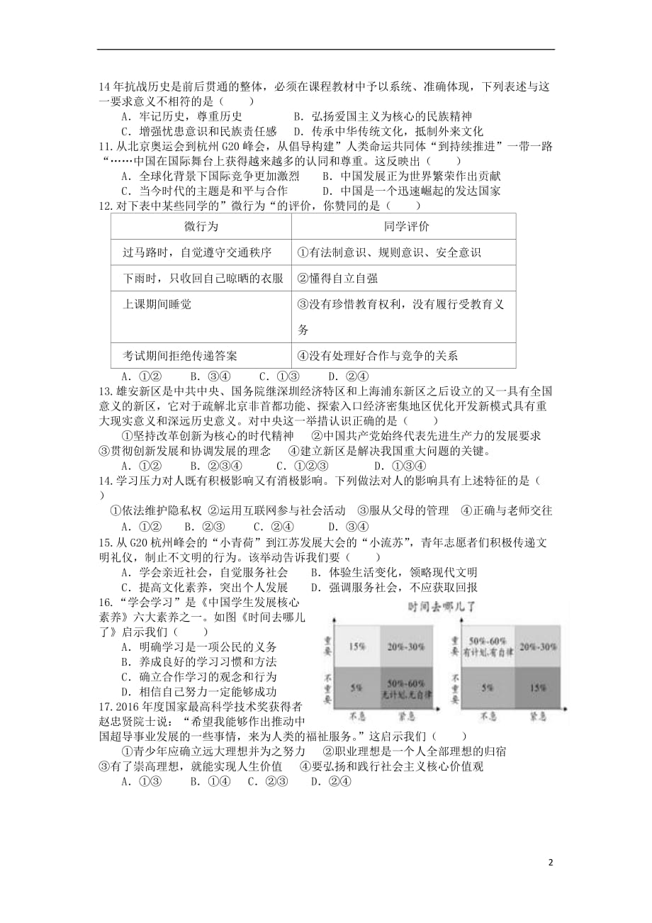 江苏省南通市2018年中考政治 板块总复习二 心理知识板块训练题(无答案)_第2页