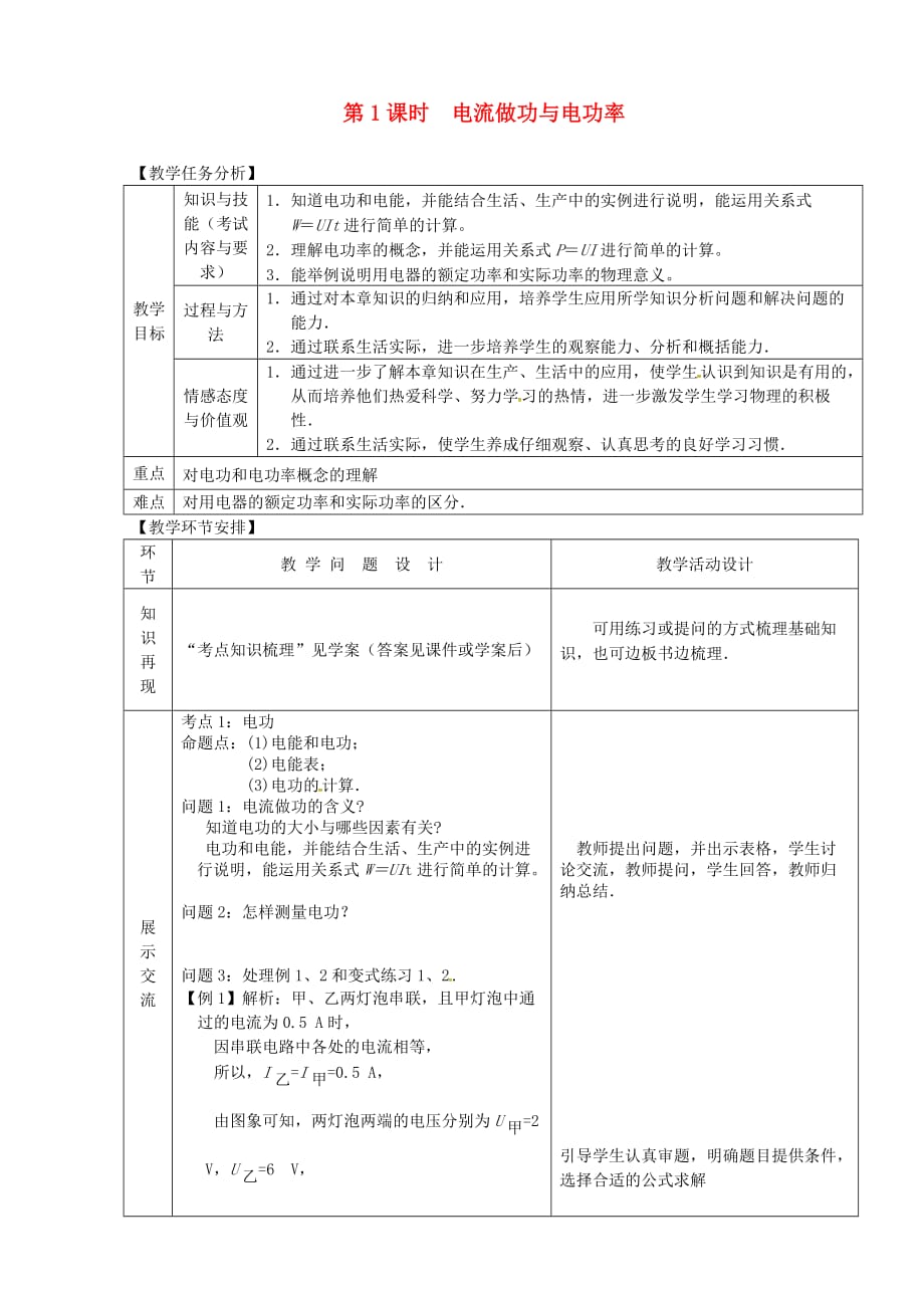 山东省郯城县中考物理专题十四电功与电功率 第1课时 电流做功与电功率复习教案_第1页