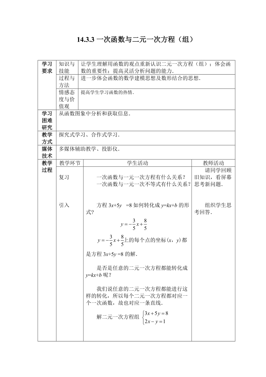 人教版数学初二下册14.3.3一次函数与二元一次方程（组）_第1页