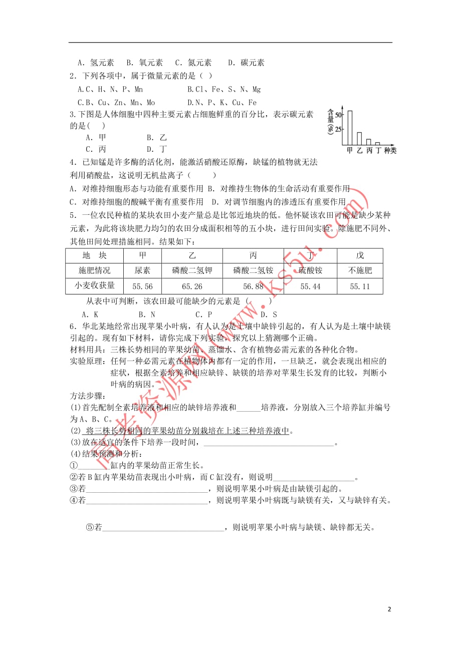 江苏省徐州市高中生物 生物科学、人体元素学案(无答案)苏教版必修1_第2页