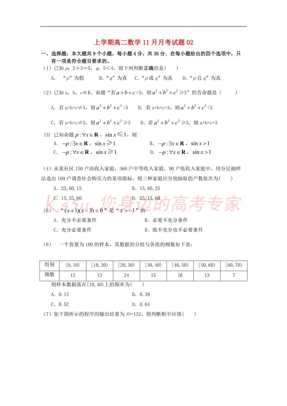 广东省中山市普通高中2017-2018学年高二数学11月月考试题02_第1页