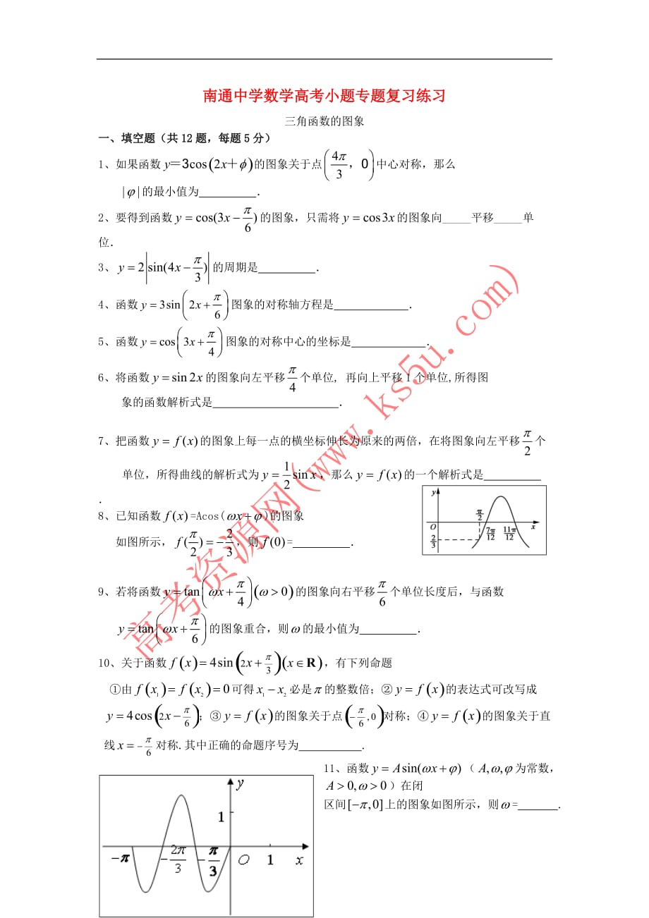 江苏省高考数学复习 小题专题 三角函数的图象练习(含解析)_第1页