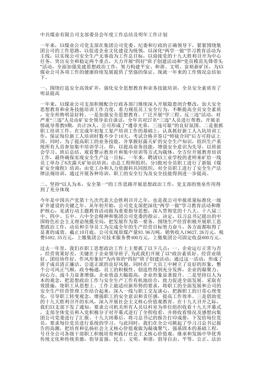 煤业公司支部年度工作总结及明年工作 计划.docx_第1页