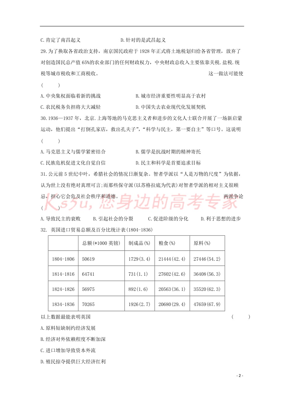 宁夏2018届高三文综(历史部分)第四次（5月）模拟试题（无答案）_第2页