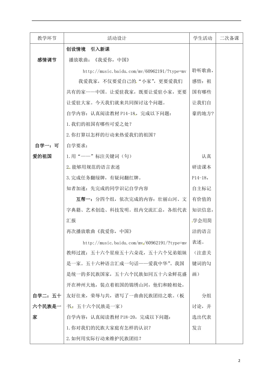 山东省潍坊市八年级政治上册第1单元让爱驻我家 第2课 我们共有一个家 第1框 我爱你中国教案 鲁教版_第2页