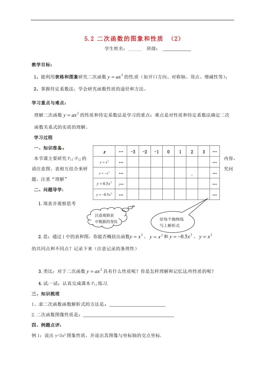 江苏省徐州市铜山县九年级数学下册 第5章 二次函数 5.2 二次函数的图象和性质(2)导学案（无答案）（新版）苏科版_第1页