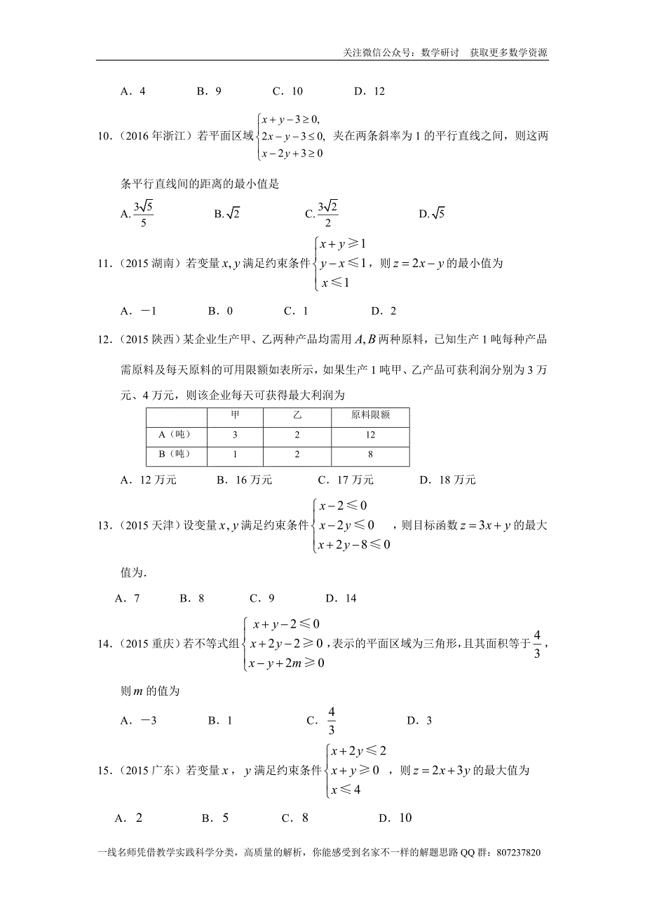 高考文科数学专题研讨《不等式--二元一次不等式(组)与简单的线性规划问题》(历年高考原题及评析)_第3页