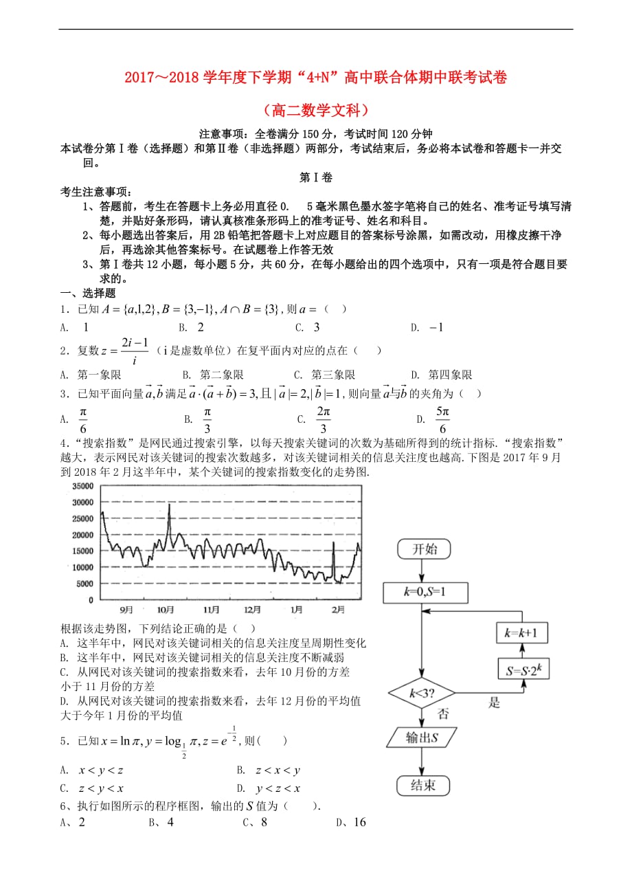 广西南宁市马山县金伦中学2017-2018学年高二数学下学期“4＋N”高中联合体期中联考试题 文_第1页