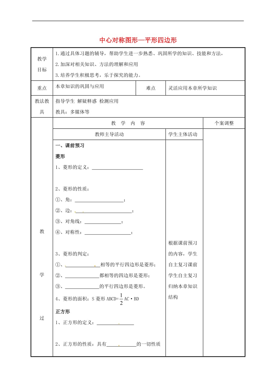 江苏省徐州市新沂市踢球山乡八年级数学下册 第九章 中心对称图形—平形四边形小结与思考(第3课时)教案 （新版）苏科版_第1页