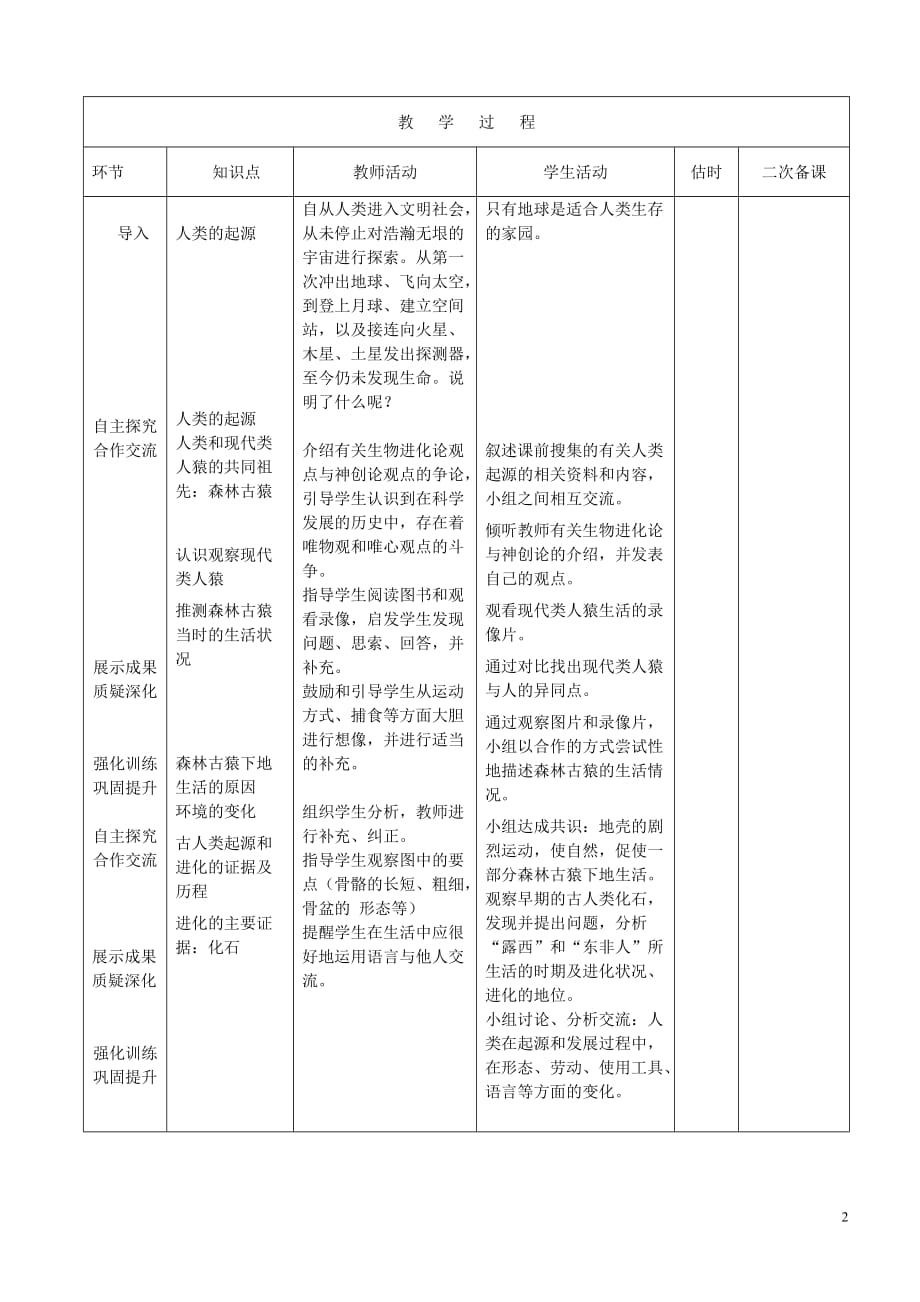 广东省中山市七年级生物下册 4.1.1人类的起源和发展教案 （新版）新人教版_第2页