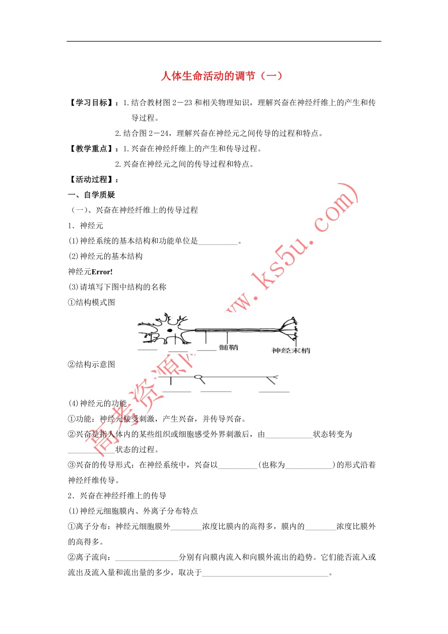 江苏省射阳县2018届高考生物一轮复习 活动单 人体生命活动的调节(一)苏教版_第1页