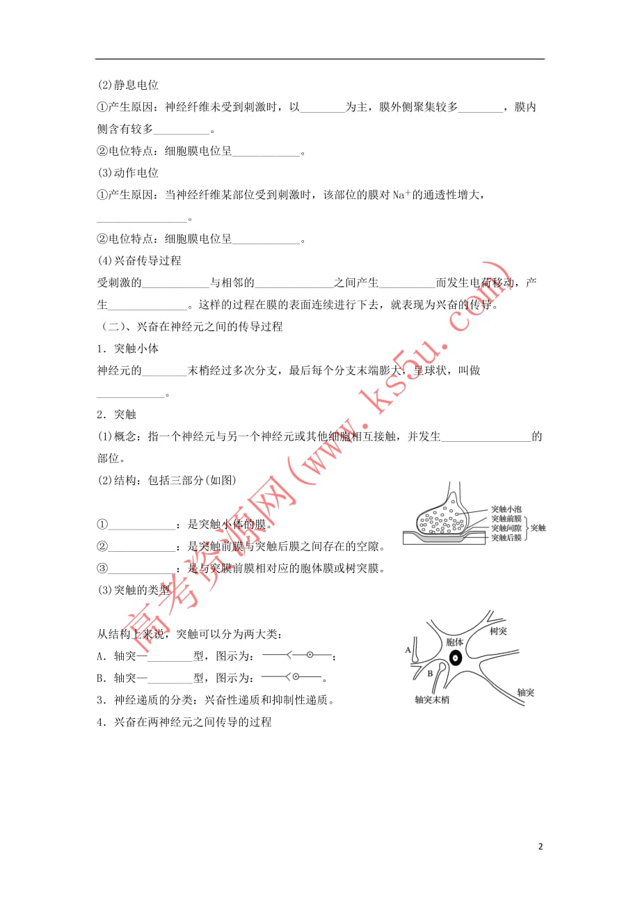 江苏省射阳县2018届高考生物一轮复习 活动单 人体生命活动的调节(一)苏教版_第2页