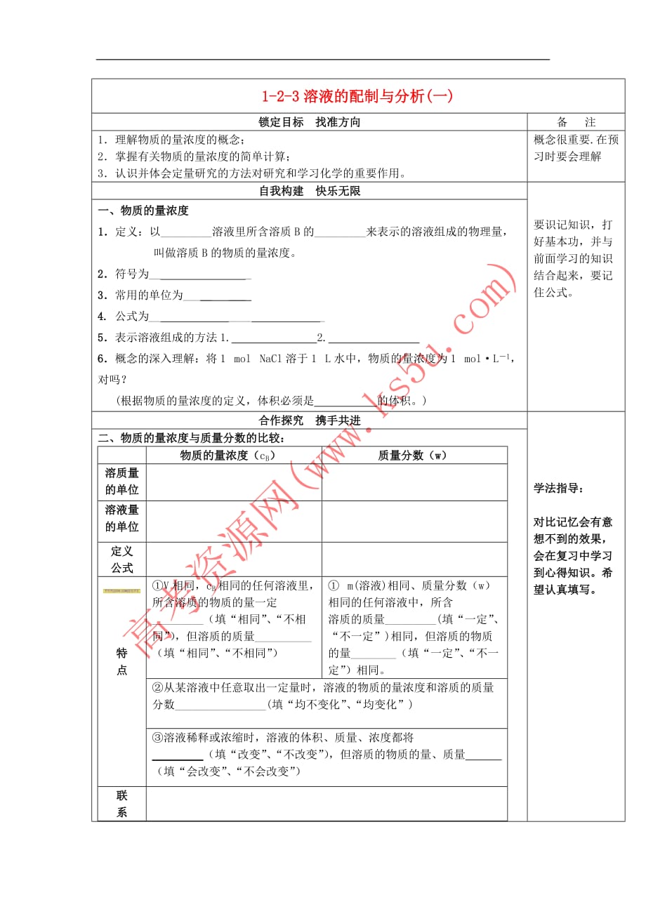 江苏省徐州市高中化学 专题一 化学家眼中的物质世界 1.2.3 溶液的配制及分析(一)导学案（无答案）苏教版必修1_第1页