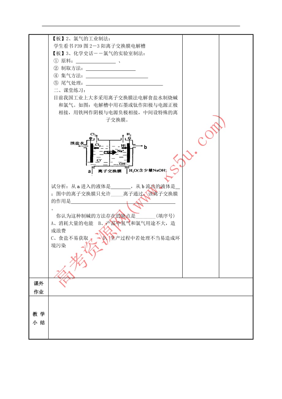 江苏省徐州市贾汪区高中化学专题2 从海水中获得的化学物质 2.1 氯气的生产原理教案 苏教版必修1_第2页