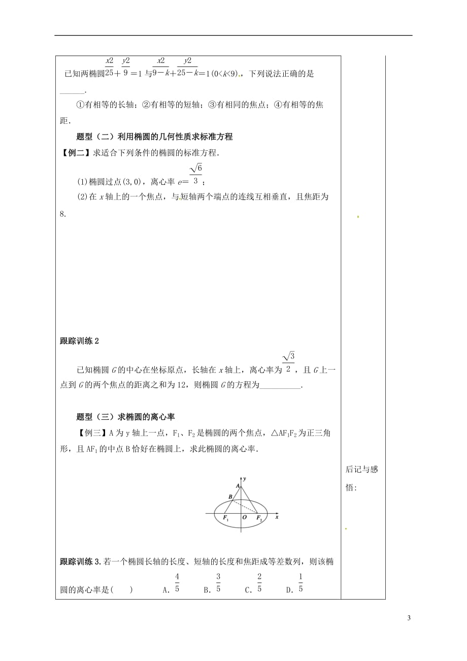 河北省承德市高中数学 第二章 圆锥曲线与方程 2.1.2 椭圆的简单几何性质导学案（答案不全）新人教A版选修1-1_第3页