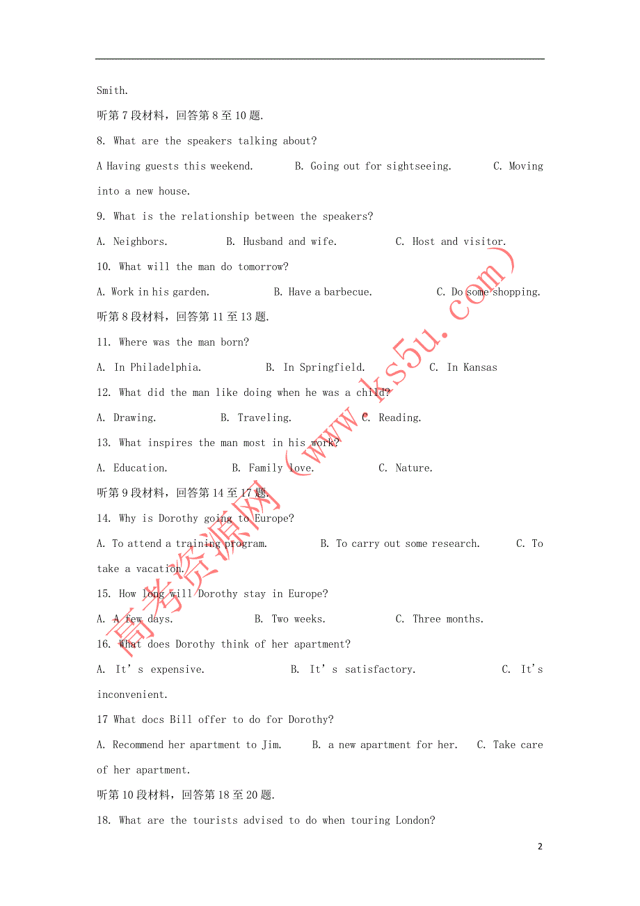 江西省吉安县2017－2018学年高二英语9月月考试题（无答案）_第2页