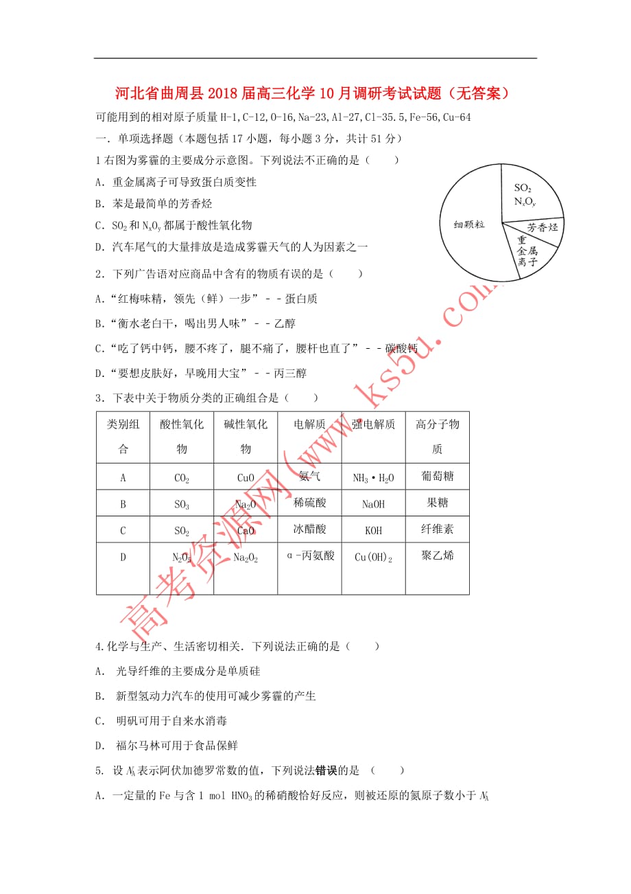 河北省曲周县2018届高三化学10月调研考试试题（无答案）_第1页