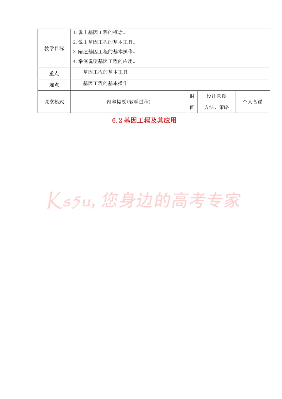 江西省万载县高中生物第六章 从杂交育种到基因工程 6.2 基因工程及其应用教案 新人教版必修2_第1页