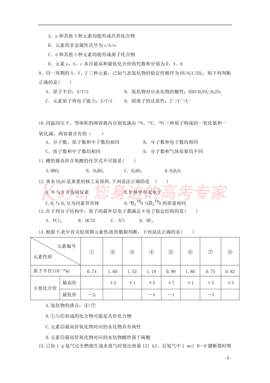 江西省奉新县第一中学2017－2018学年高一化学下学期第一次月考试题_第2页