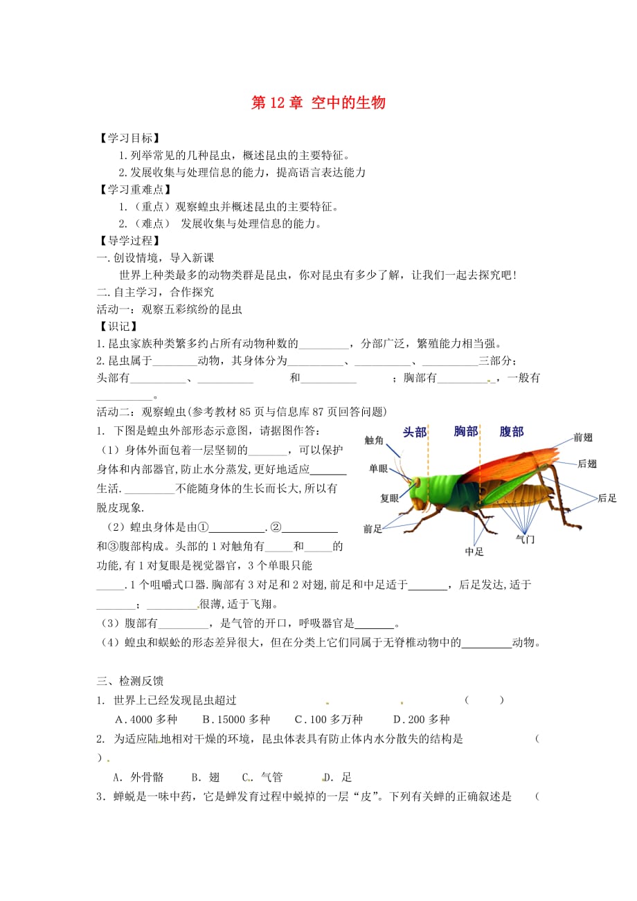 江苏省铜山区七年级生物下册 第12章 空中的生物学案2(无答案)（新版）苏科版_第1页