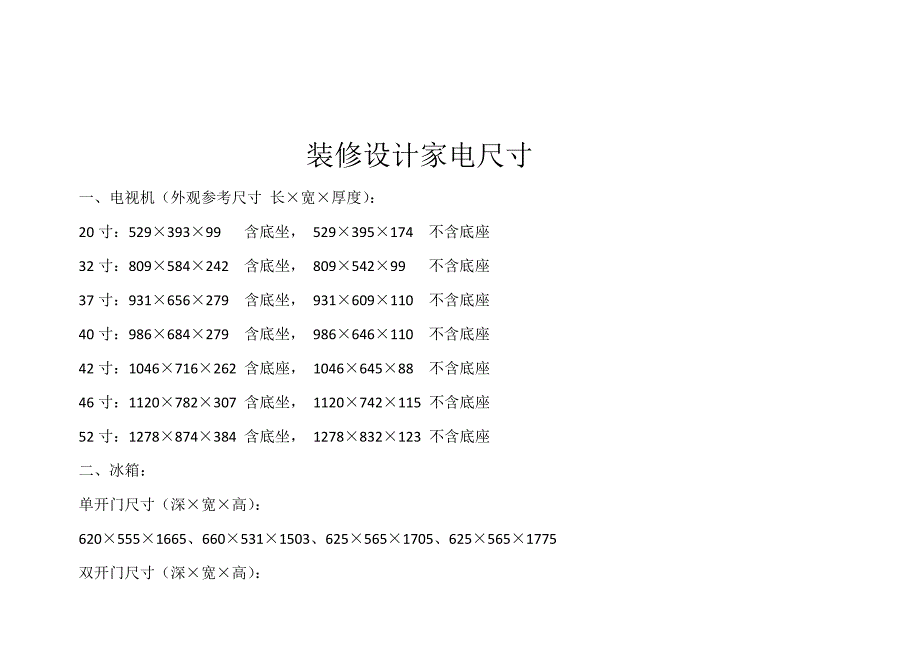 装修设计家电尺寸副本汇编_第1页