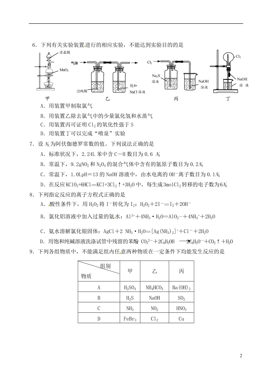 江苏省海门市2016届高考化学午间练习1_第2页