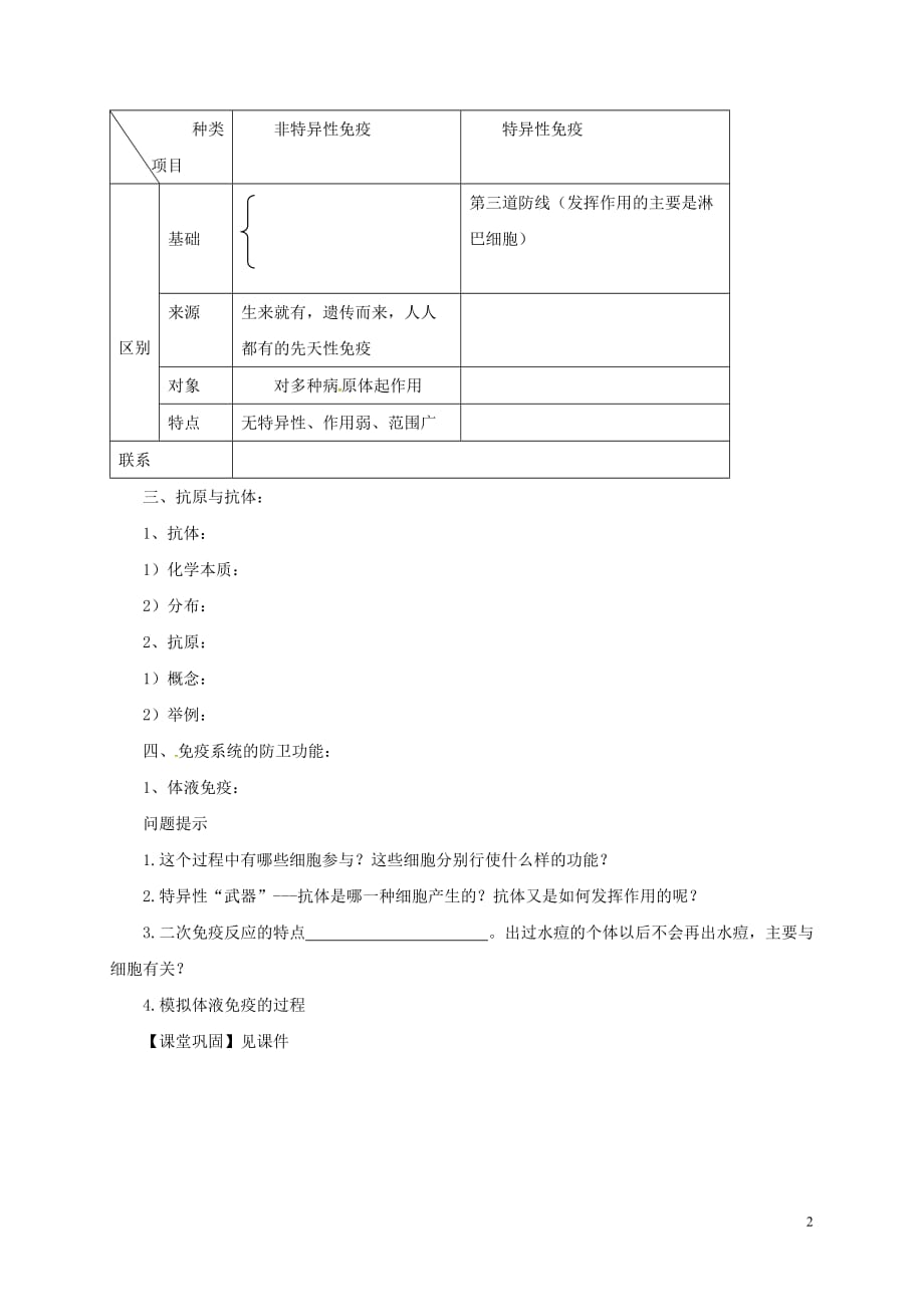 河北省新乐市高中生物 第二章 动物和人体生命活动的调节 2.4免疫调节学案 新人教版必修3_第2页