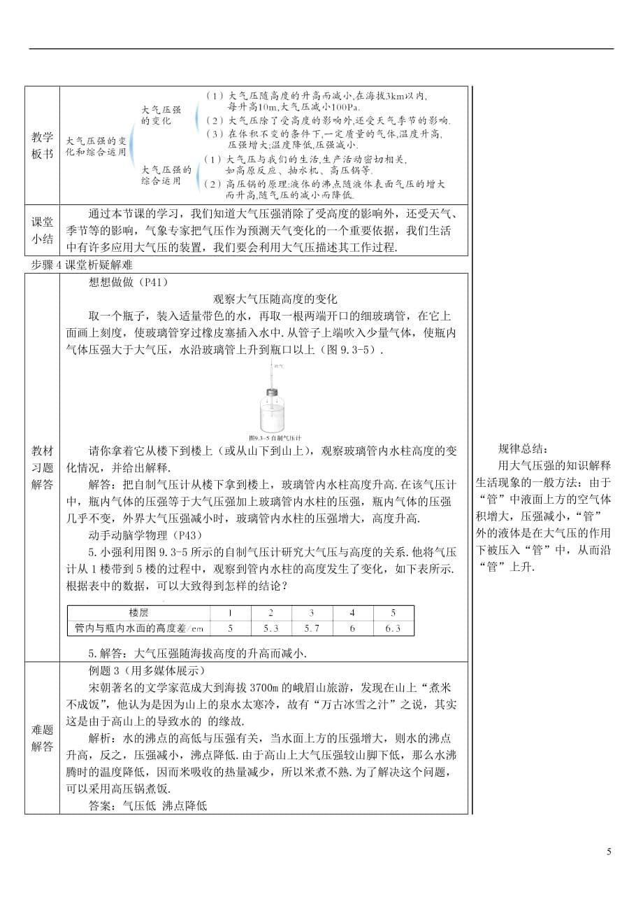 河南省商丘市柘城县2017-2018学年度八年级物理下册 第九章 第3节 大气压强（第2课时 大气压强的变化和综合运用）教学案 （新版）新人教版_第5页