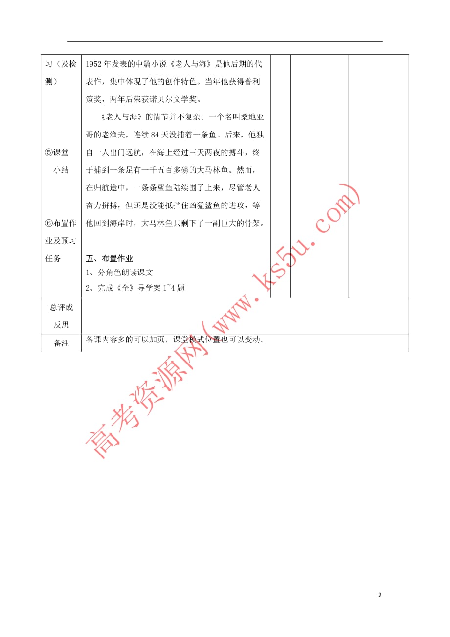 江西省万载县株潭中学高中语文 3 老人与海(第一课时)教案 新人教版必修3_第2页